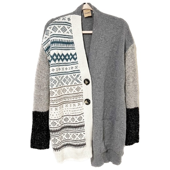 NUDE Sweaters - (nude) Colorblock Fairisle Patchwork Eyelash Glitter Metallic Boyfriend Cardigan
